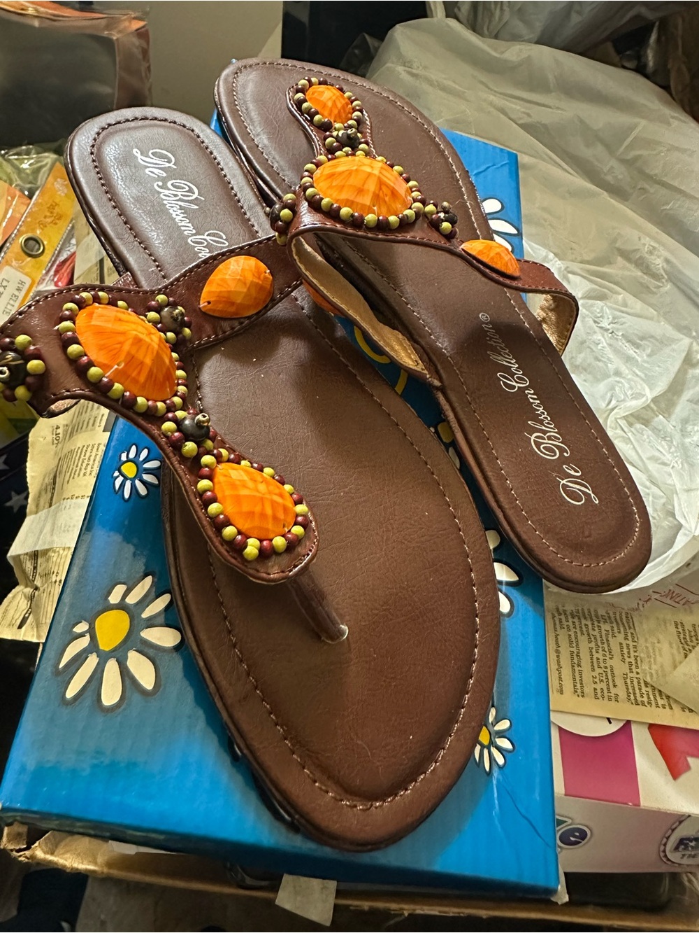 De Blossom Collection Brown Sandals with Orange Gem Details